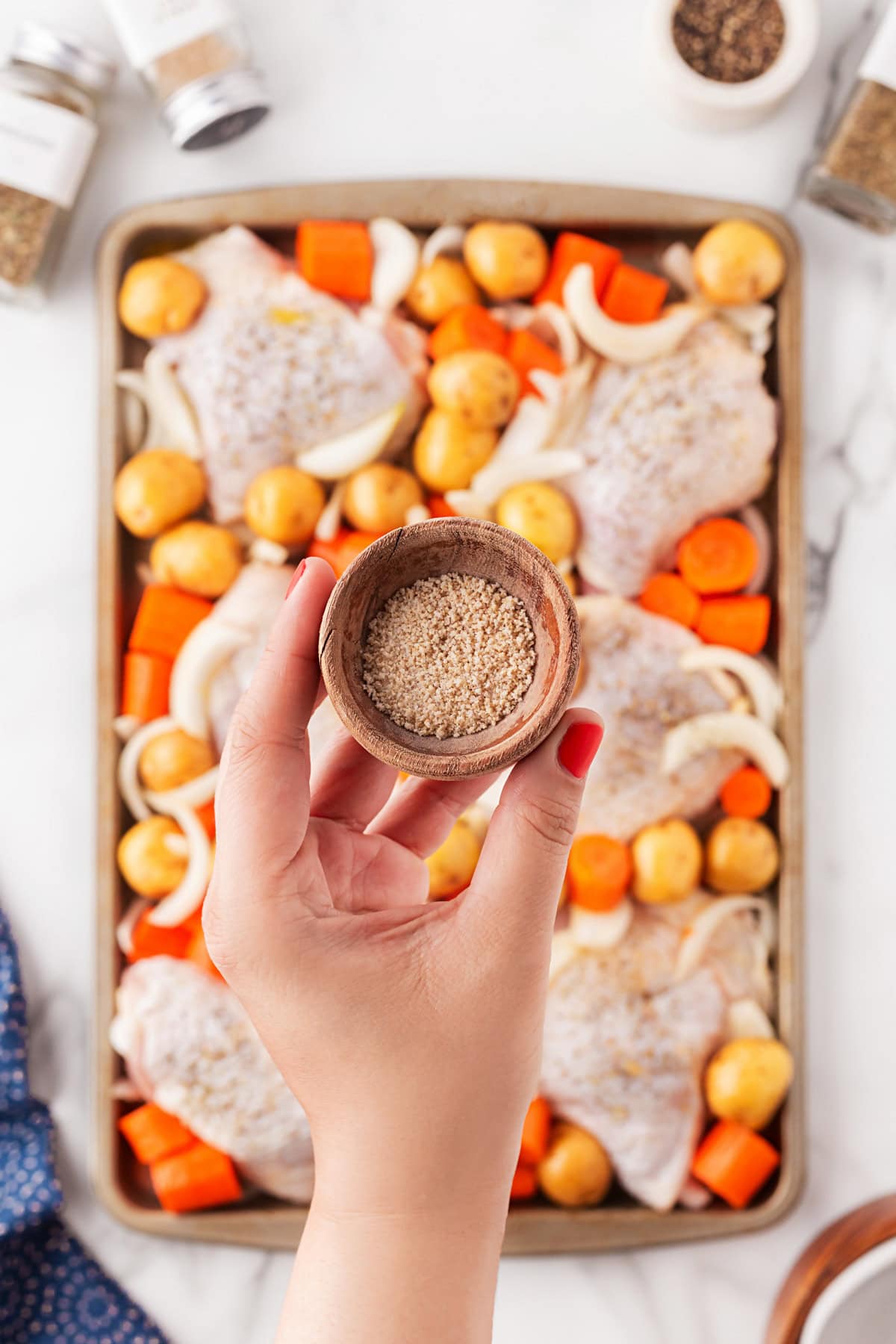 Want a great, quick and easy family dinner? Then try this Roasted Sheet Pan Chicken Thighs recipe. This recipe is so easy to pull together, and you have a complete meal in no time. Adding granulated garlic.