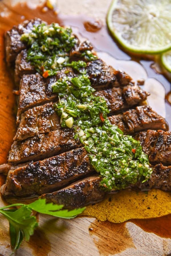 CHIMICHURRI STEAK sliced on a cutting board