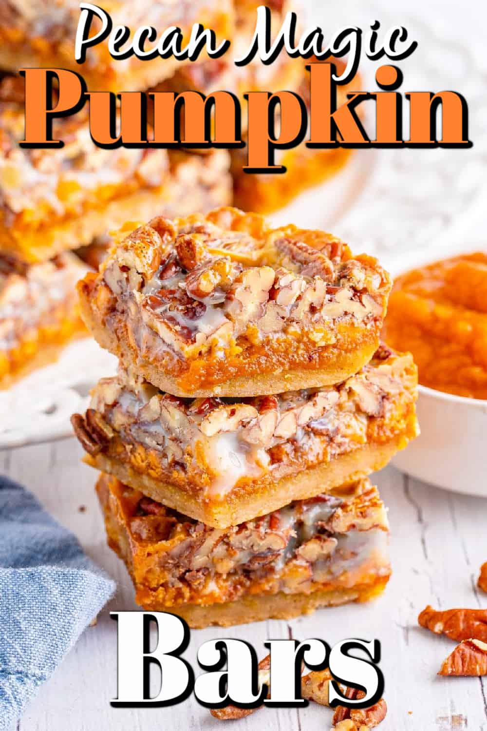 These Pecan Magic Pumpkin Bars are irresistible for a fall treat. Layers of cookie bottom, pumpkin, butterscotch, toffee and more make for a great fall treat. Pecan Magic Pumpkin Bars Pin