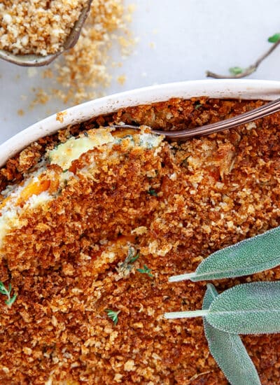Horizontal shot of a casserole of sweet potatoes.